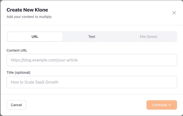 Klonyr content input interface